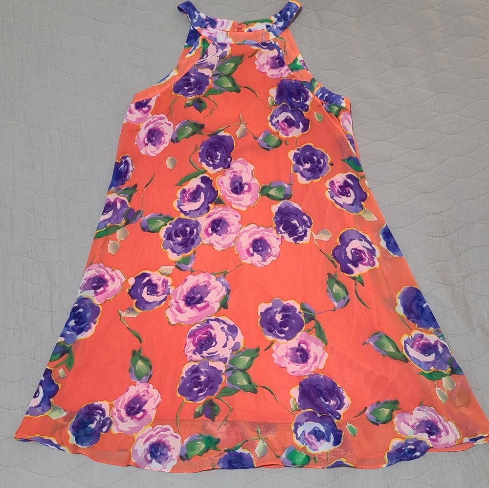 Betsey Johnson Flared Floral Dress - Coral/Purple, Size 12